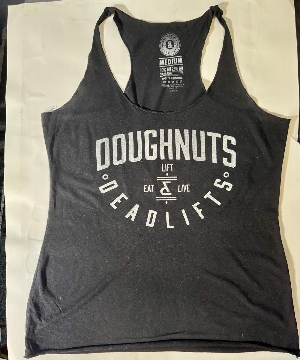 Doughnuts & Deadlifts Tank Top Womens Medium Black Lift Eat Live Racerback Gym